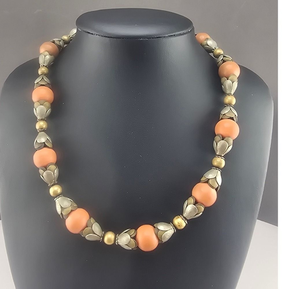 Vintage Estate Necklace Orange Matte Bead Floral Bronze Tone 16 Inch